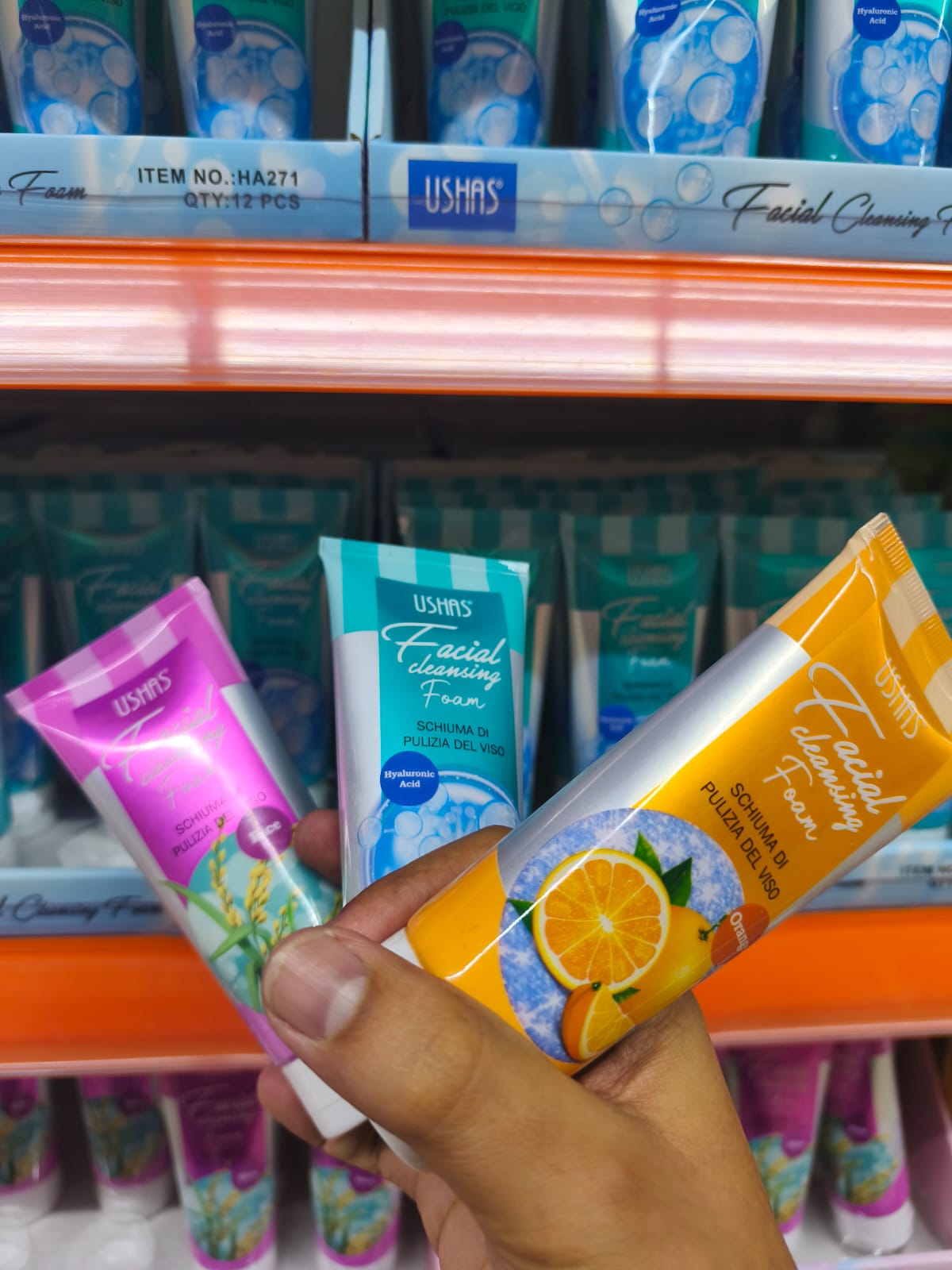 Combo of three Usha's facial cleansing foams for complete skincare routine, on display in store.