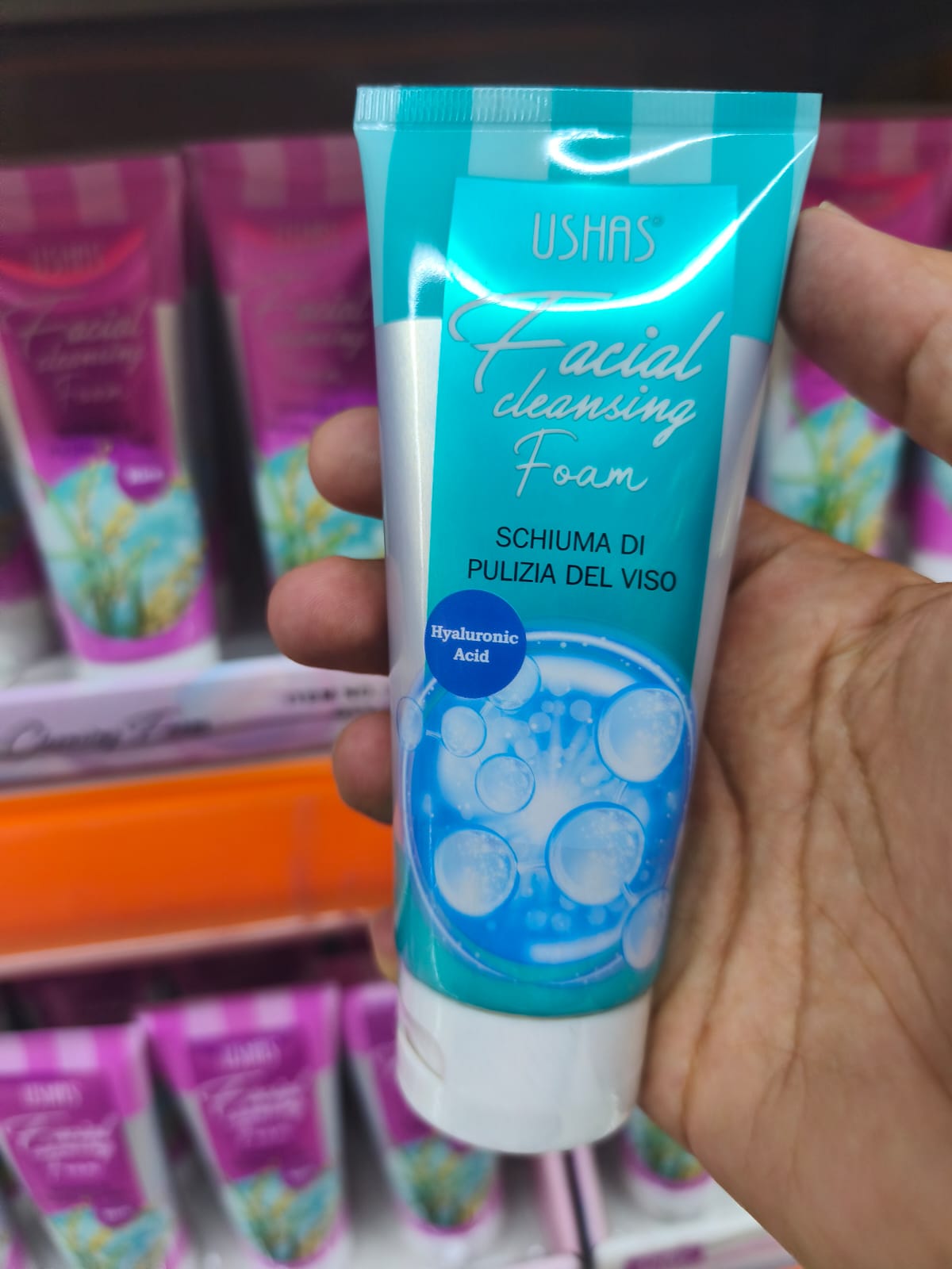 Ushas Facial Cleansing Foam tube featuring hyaluronic acid for effective facial cleansing.